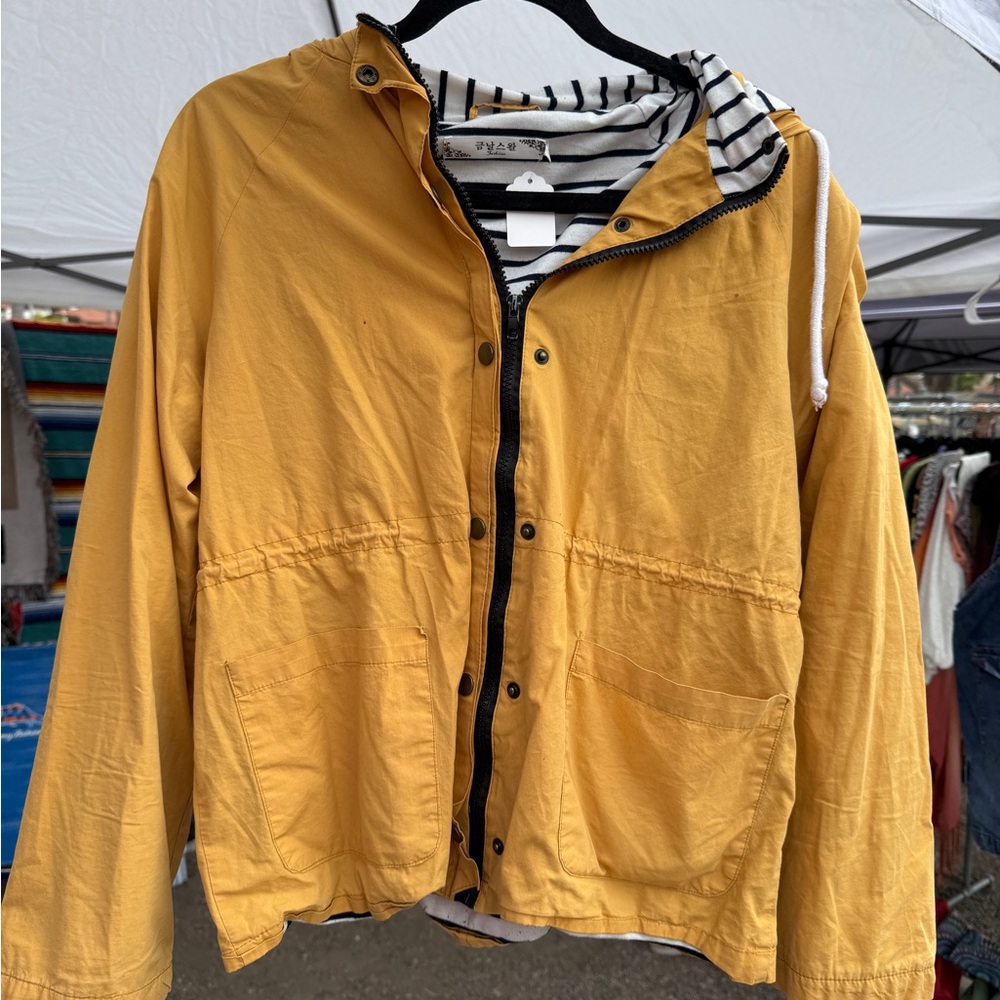 Yellow Hooded Jacket with Striped Lining